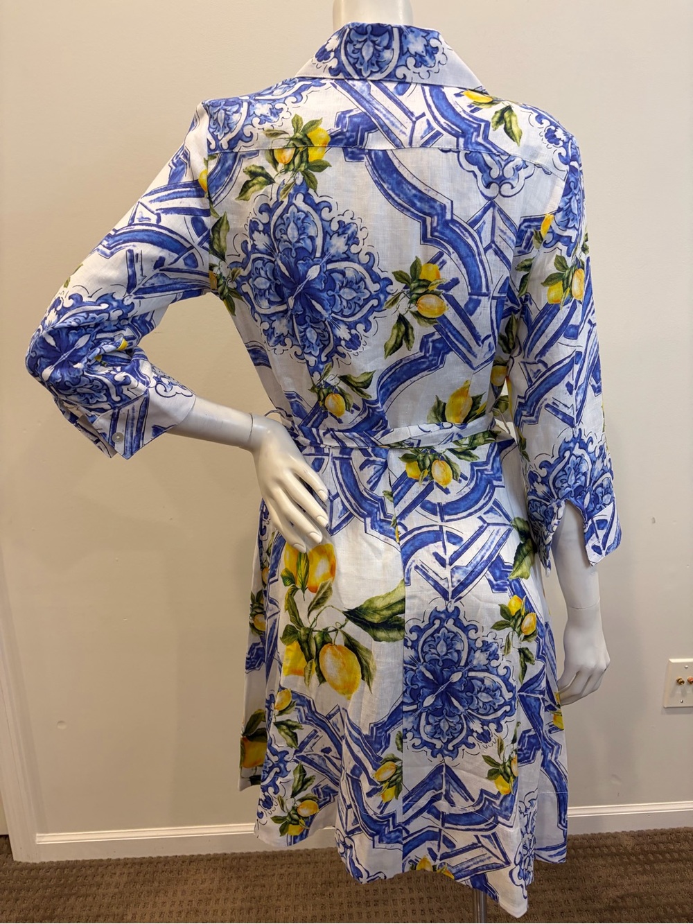 NWT IDILLIO POSITANO Linen Lemon Majolica Print Belted Button Up Shirt Dress - Picture 2 of 15